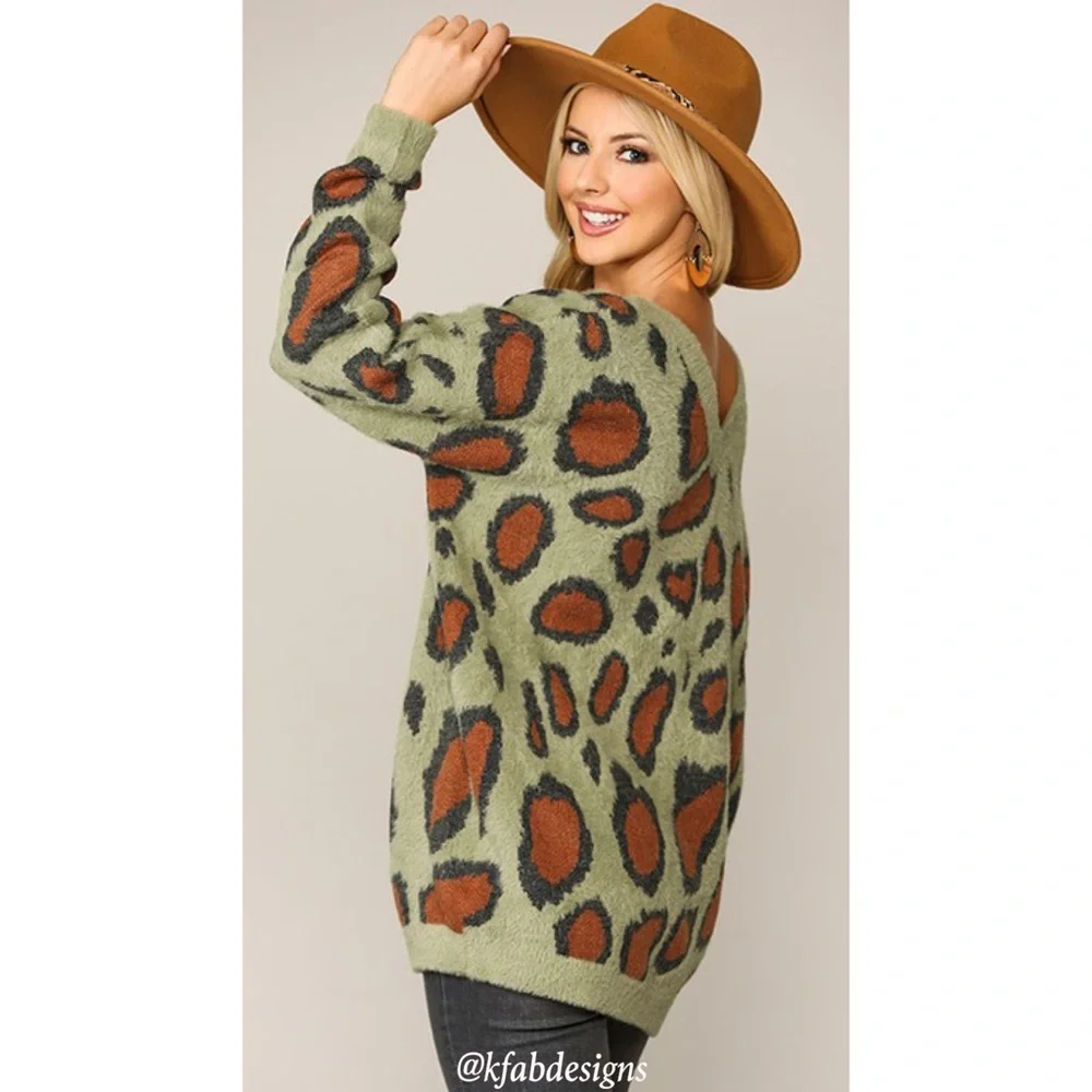 LAST 2! The Softest V Neck So Soft Animal Print Sweater with V Back! - Picture 4 of 6